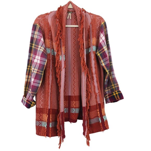Gimmicks by BKE Open Front Fringe Cardigan Size Large Multicolor Plaid Boho - Picture 4 of 13